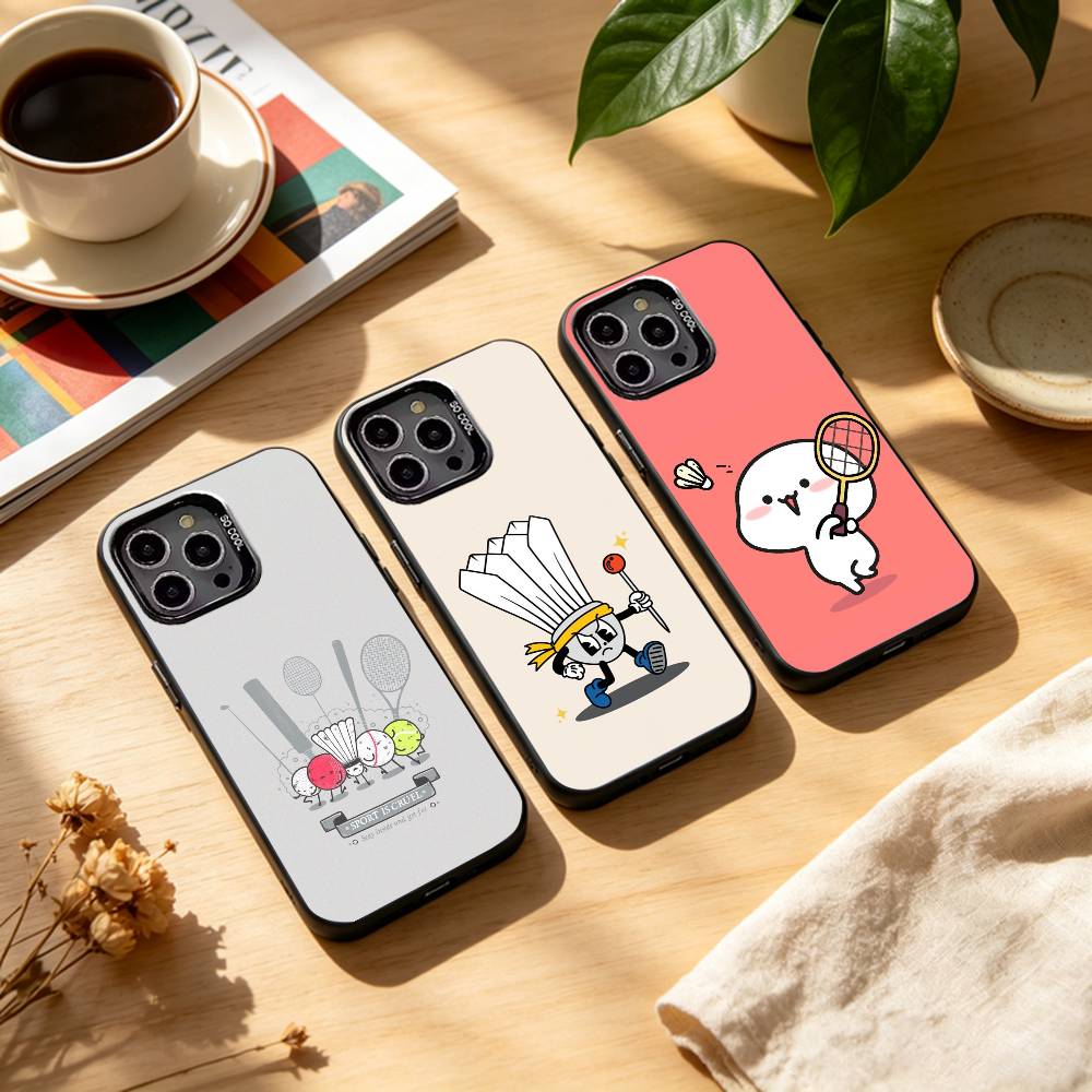 Badminton Logo - S-スポーツB-バドミントンイラスト iPhone17、16、15、14、13、12、11 Plus、Pro Max用 ブラックキャンディシルバーの携帯ケース